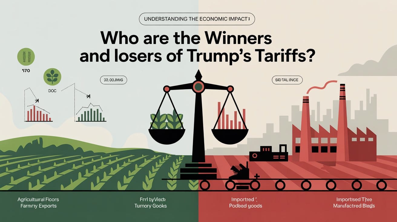 Who Are the Winners and Losers of Trump’s Tariffs? Explained with Real Examples (2025) 8 a bold infographic style advertisement
